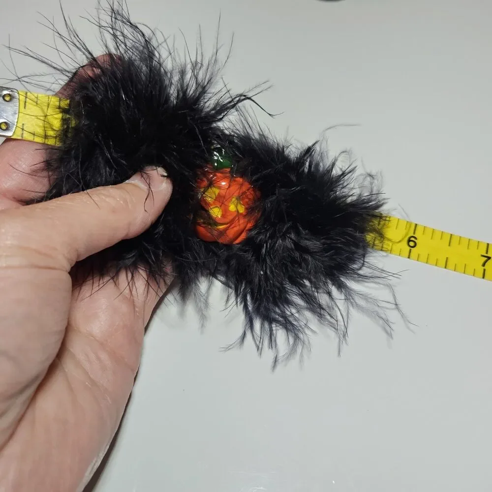 Black Feathery Orange Halloween Pumpkin Barrette Silver Tone